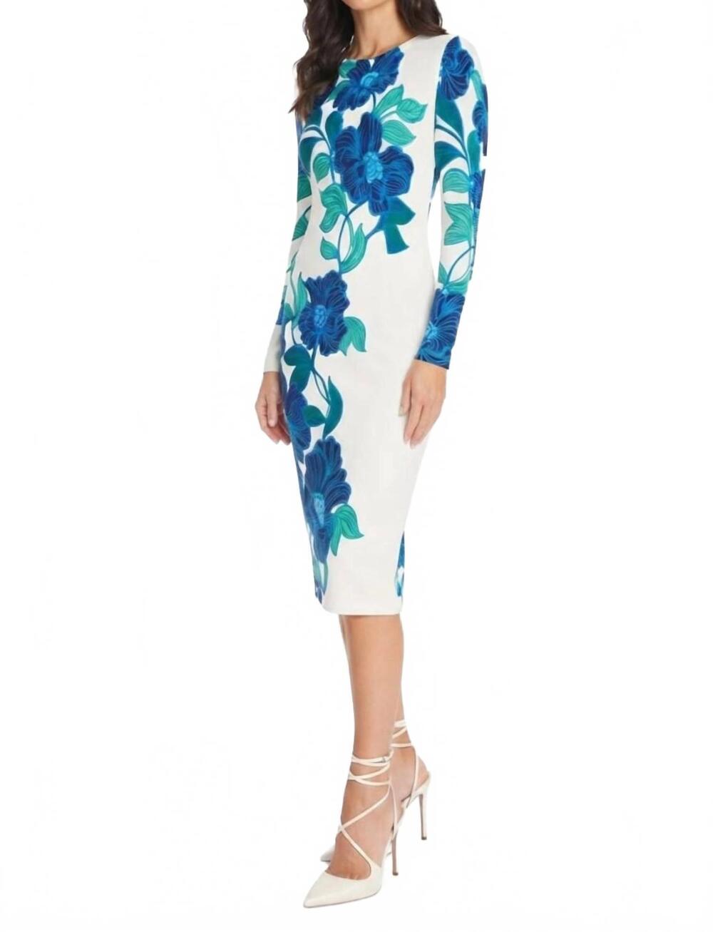 NEW MAGGY LONDON floral print long sleeve sheath dress in white cobalt